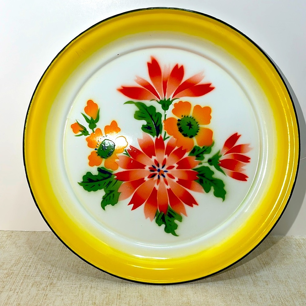 Vintage "Enamelware" Metal Flowers Handprinted Serving Tray - 14 inches